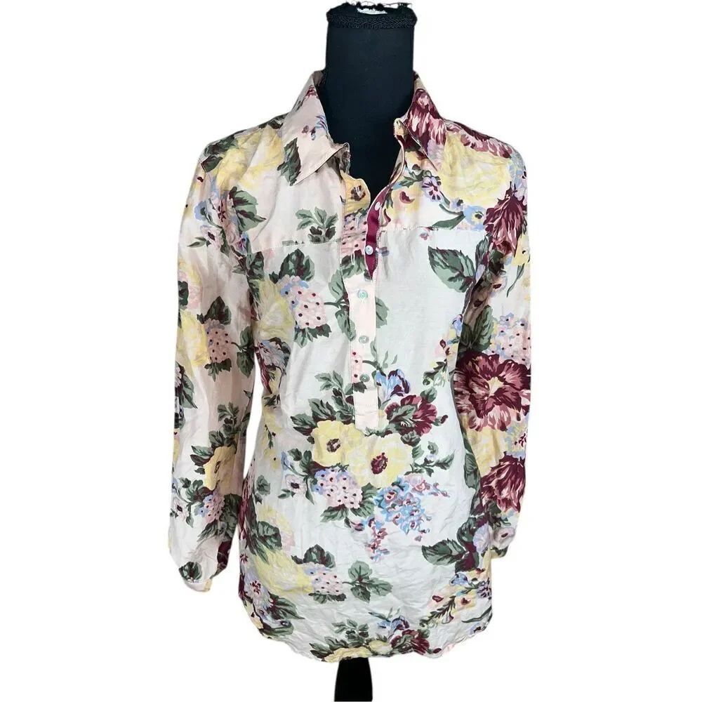 Soft surroundings Medium soft pink floral Silk blend 1/4 button up blouse career